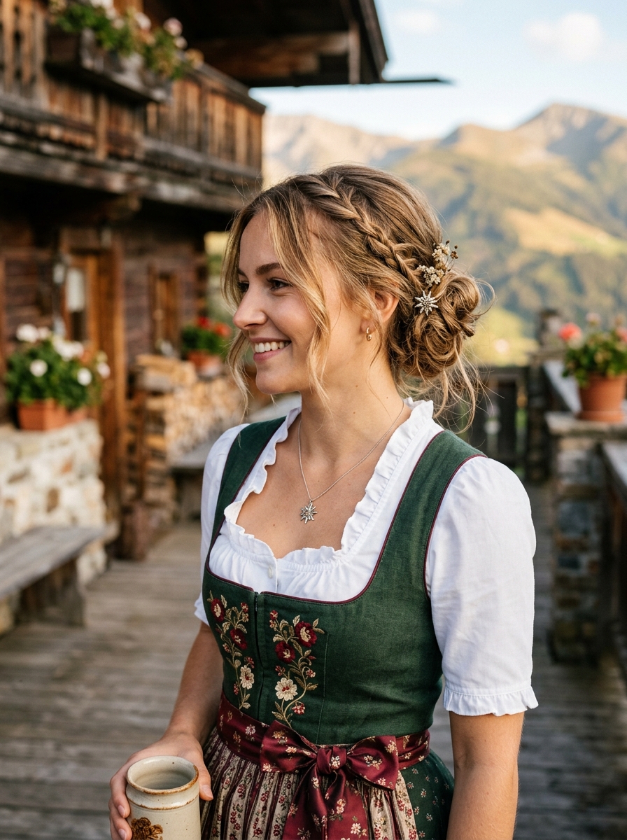 Messy Bun mit kleinen Zöpfen als Dirndlfrisur Inspiration 2026